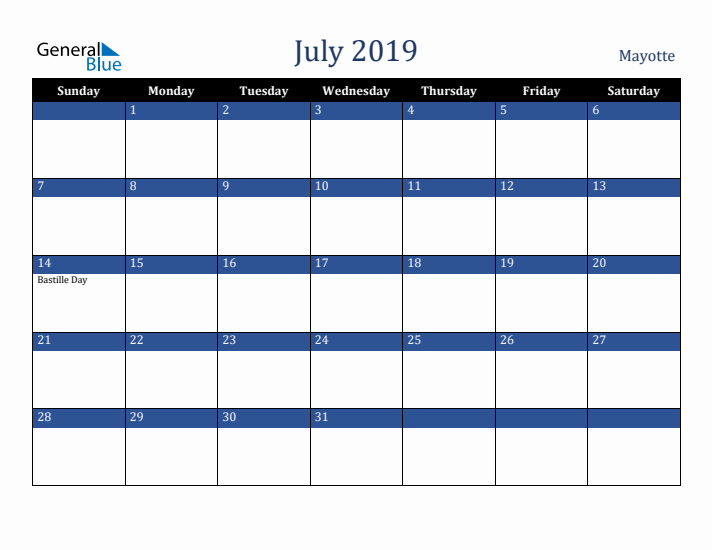 July 2019 Mayotte Calendar (Sunday Start)