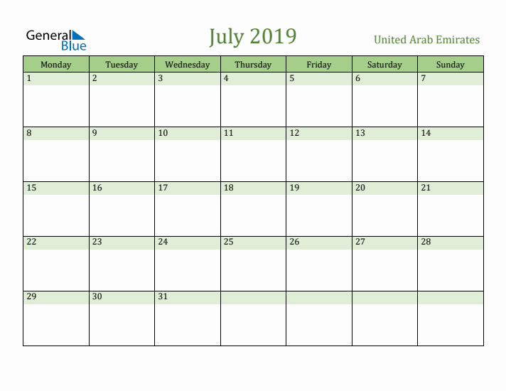 July 2019 Calendar with United Arab Emirates Holidays