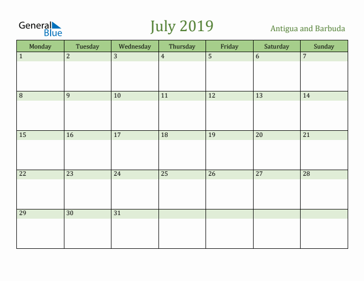 July 2019 Calendar with Antigua and Barbuda Holidays