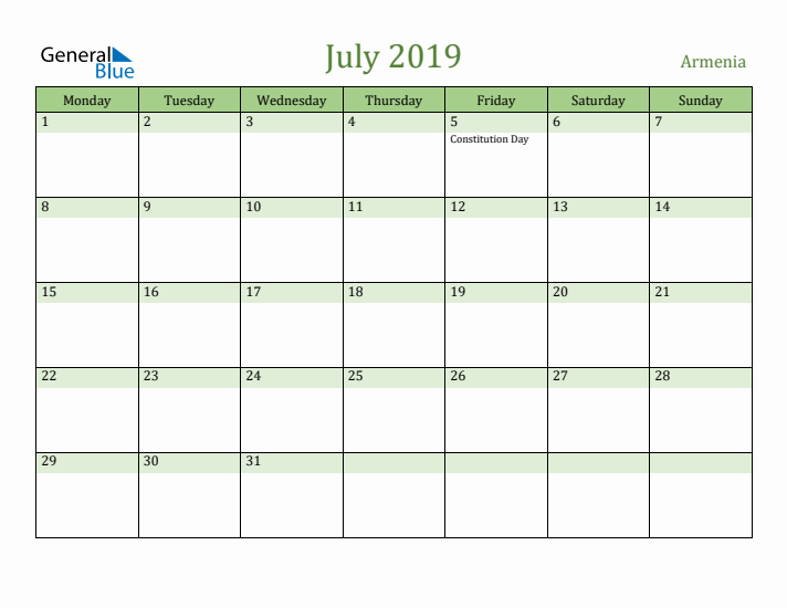 July 2019 Calendar with Armenia Holidays