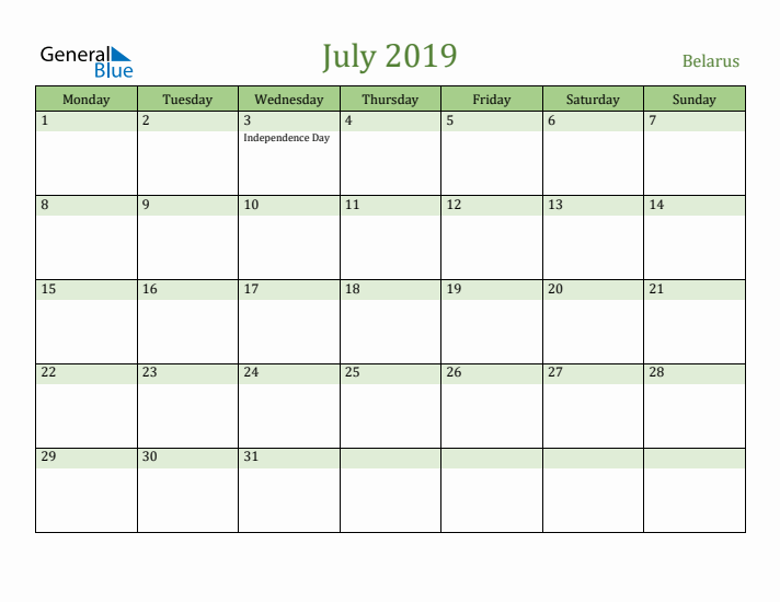 July 2019 Calendar with Belarus Holidays