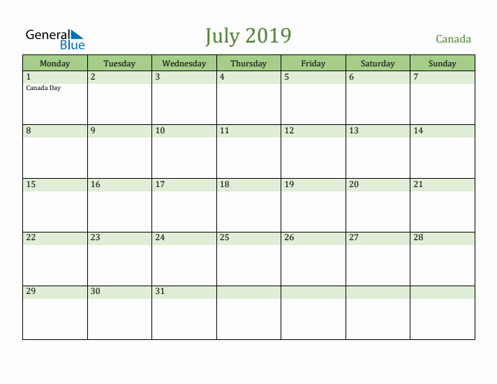 July 2019 Calendar with Canada Holidays