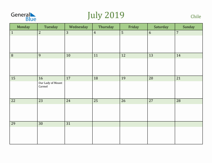 July 2019 Calendar with Chile Holidays