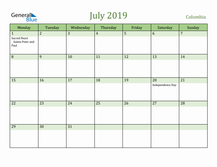 July 2019 Calendar with Colombia Holidays