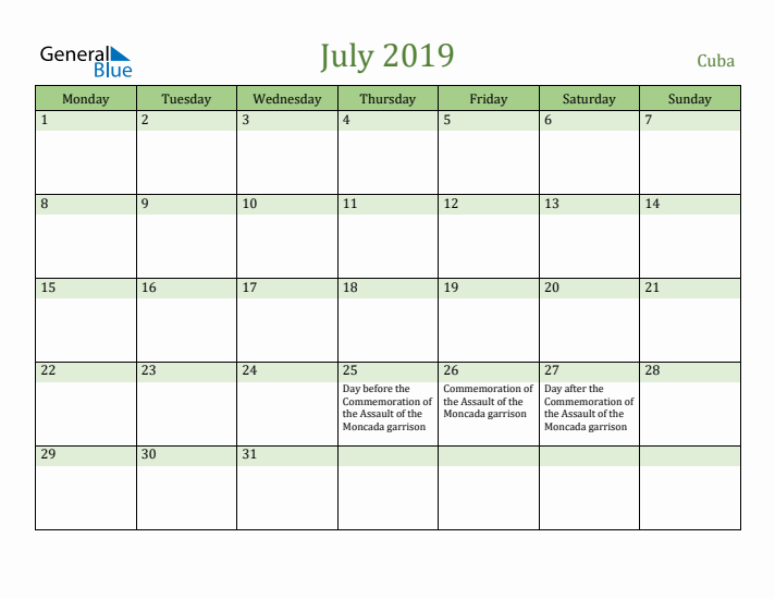 July 2019 Calendar with Cuba Holidays