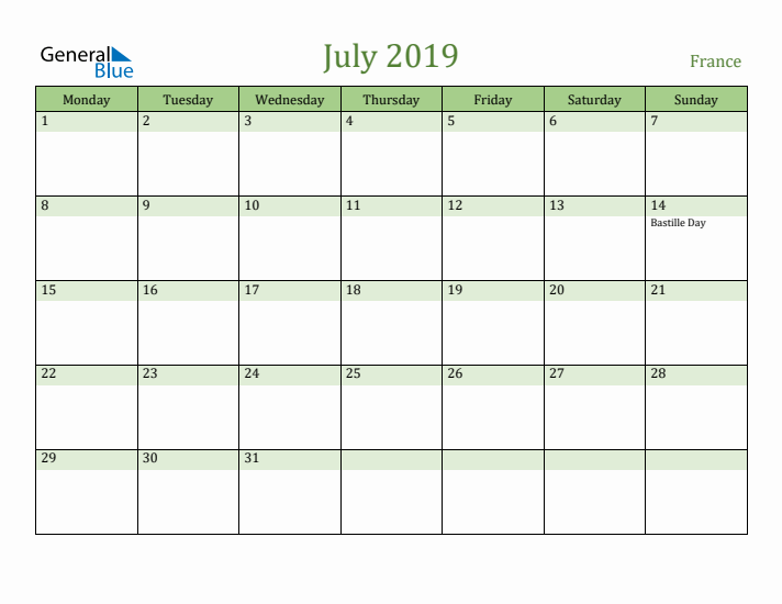 July 2019 Calendar with France Holidays