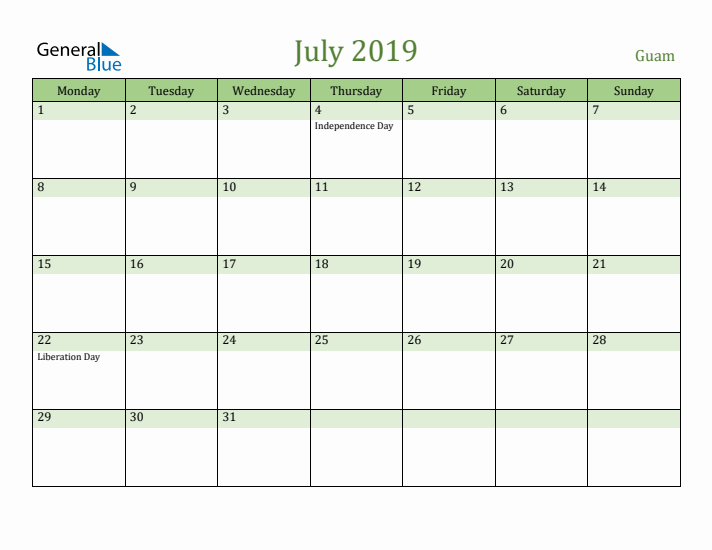 July 2019 Calendar with Guam Holidays