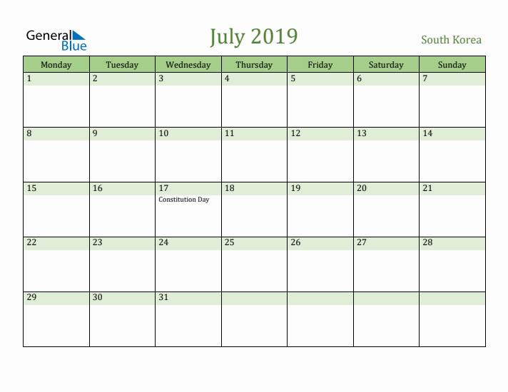 July 2019 Calendar with South Korea Holidays