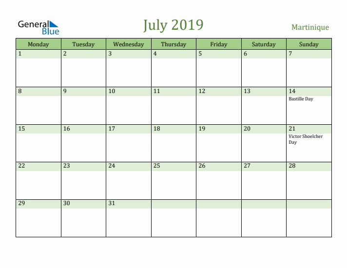 July 2019 Calendar with Martinique Holidays