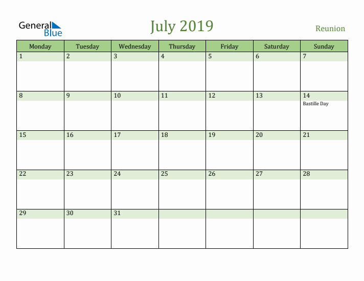 July 2019 Calendar with Reunion Holidays