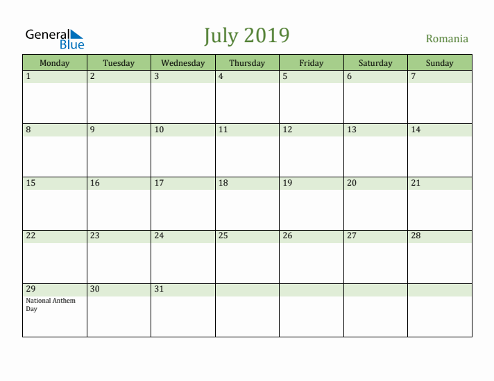 July 2019 Calendar with Romania Holidays