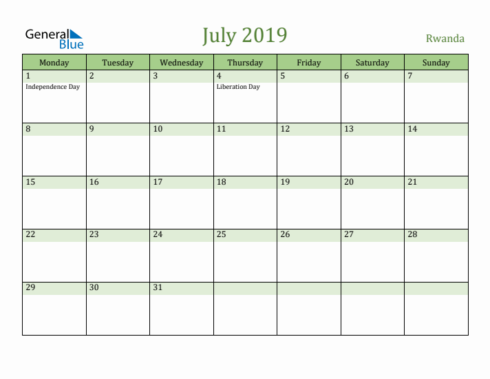 July 2019 Calendar with Rwanda Holidays