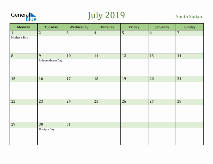 July 2019 Calendar with South Sudan Holidays