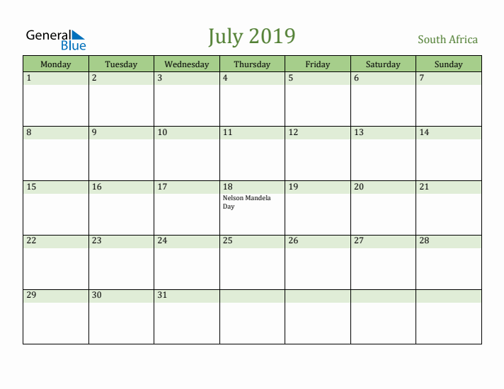 July 2019 Calendar with South Africa Holidays