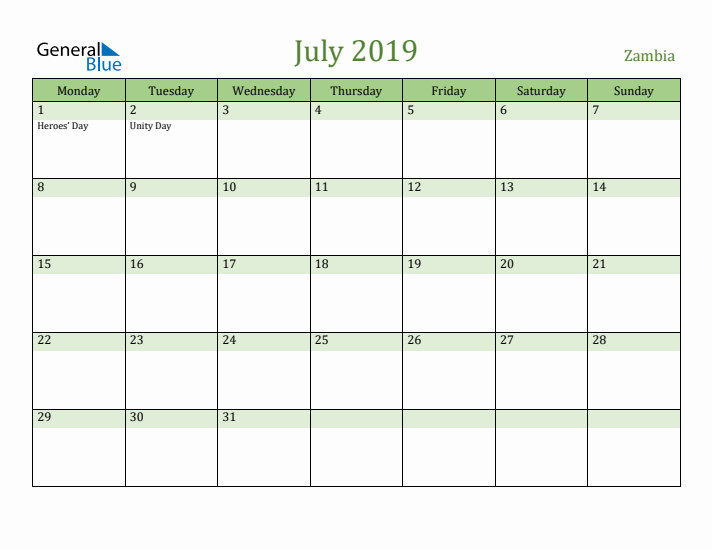 July 2019 Calendar with Zambia Holidays