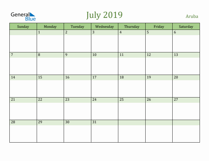 July 2019 Calendar with Aruba Holidays