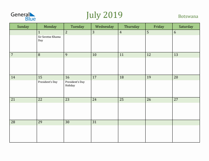 July 2019 Calendar with Botswana Holidays