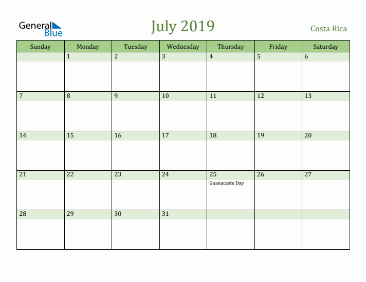 July 2019 Calendar with Costa Rica Holidays