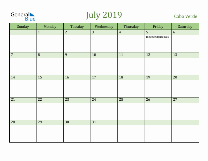 July 2019 Calendar with Cabo Verde Holidays