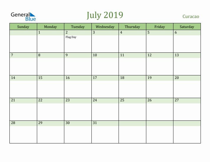 July 2019 Calendar with Curacao Holidays