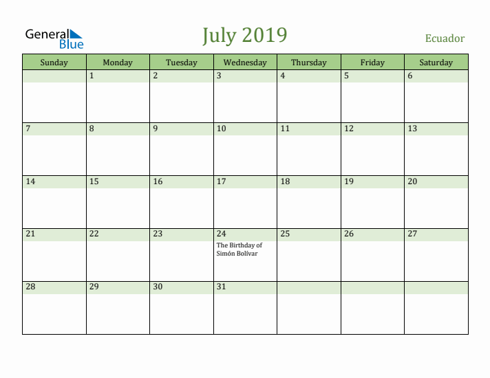 July 2019 Calendar with Ecuador Holidays