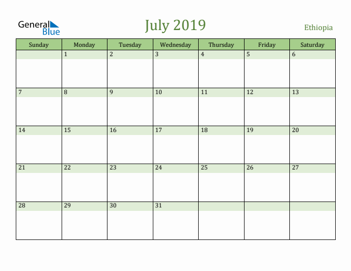 July 2019 Calendar with Ethiopia Holidays