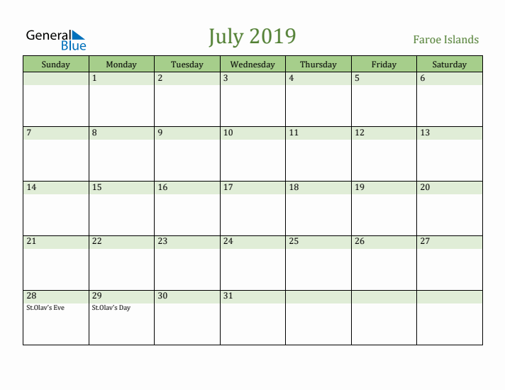 July 2019 Calendar with Faroe Islands Holidays