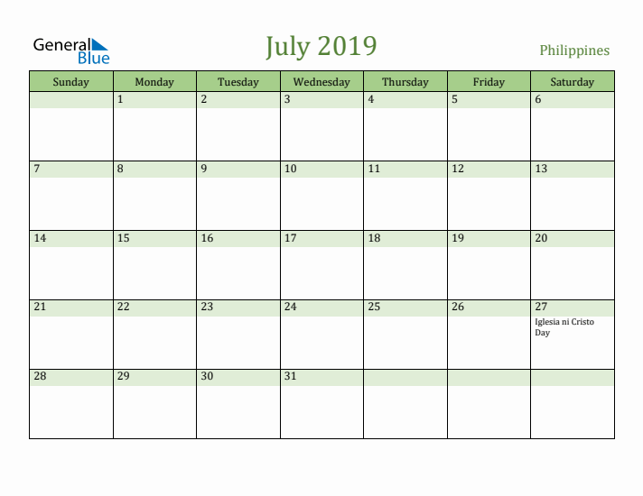 July 2019 Calendar with Philippines Holidays