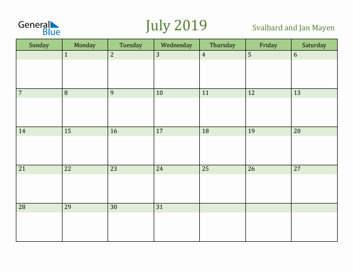 July 2019 Calendar with Svalbard and Jan Mayen Holidays