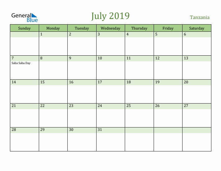 July 2019 Calendar with Tanzania Holidays