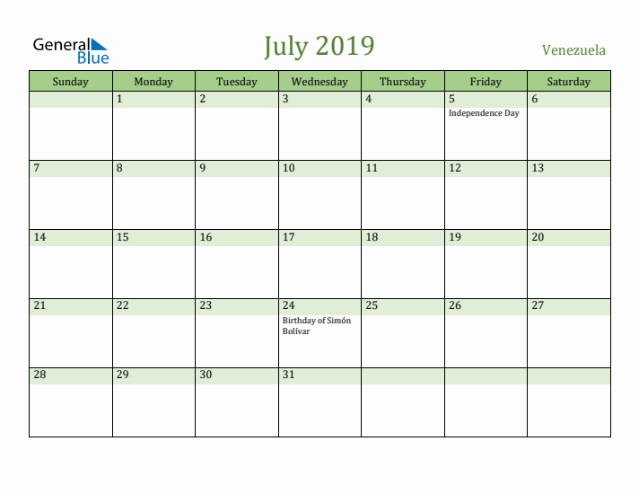 July 2019 Calendar with Venezuela Holidays