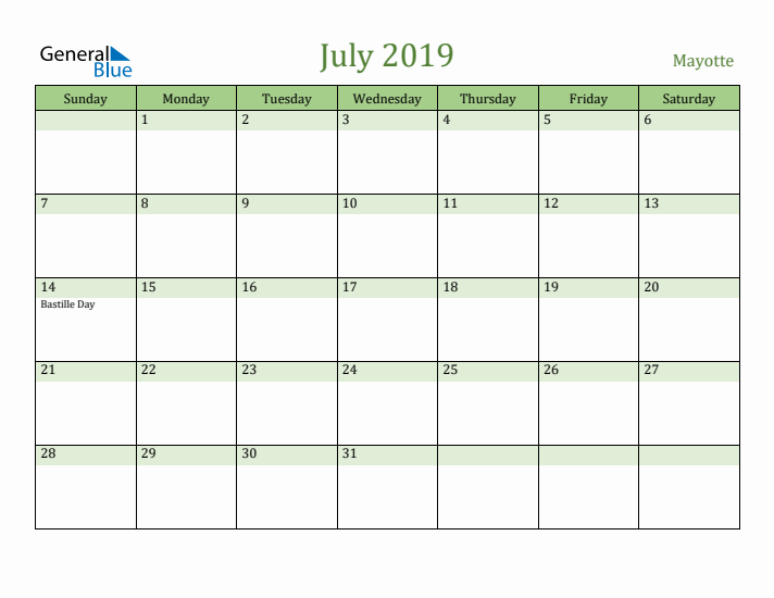 July 2019 Calendar with Mayotte Holidays