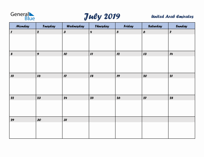 July 2019 Calendar with Holidays in United Arab Emirates