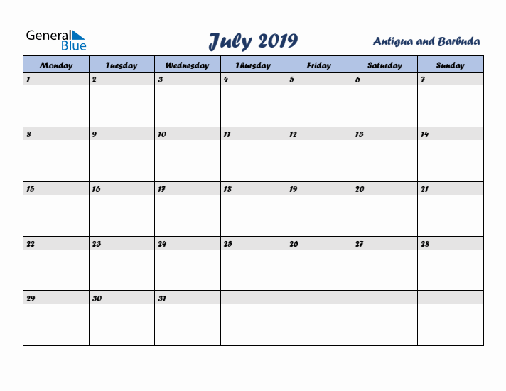 July 2019 Calendar with Holidays in Antigua and Barbuda