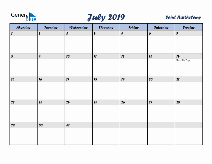 July 2019 Calendar with Holidays in Saint Barthelemy