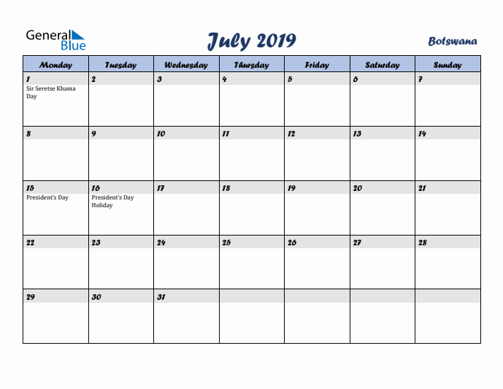 July 2019 Calendar with Holidays in Botswana