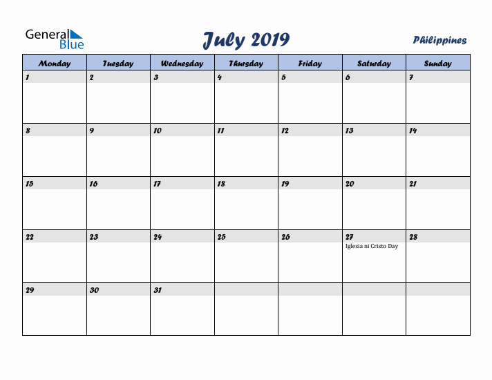 July 2019 Calendar with Holidays in Philippines