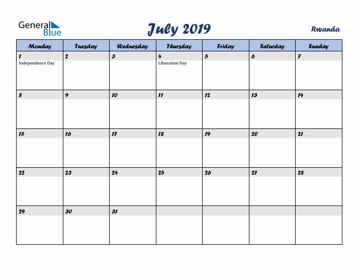 July 2019 Calendar with Holidays in Rwanda