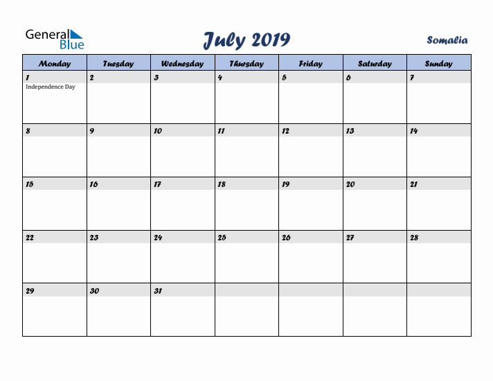 July 2019 Calendar with Holidays in Somalia