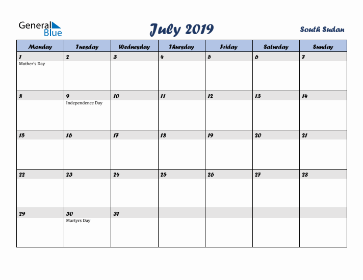 July 2019 Calendar with Holidays in South Sudan