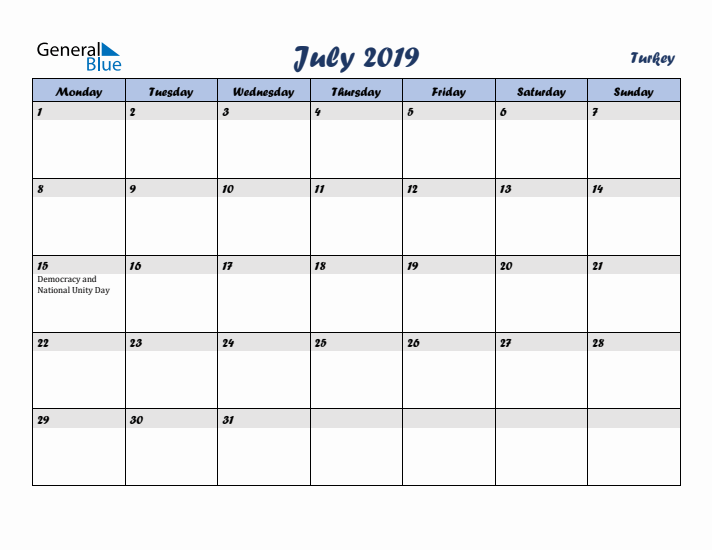 July 2019 Calendar with Holidays in Turkey