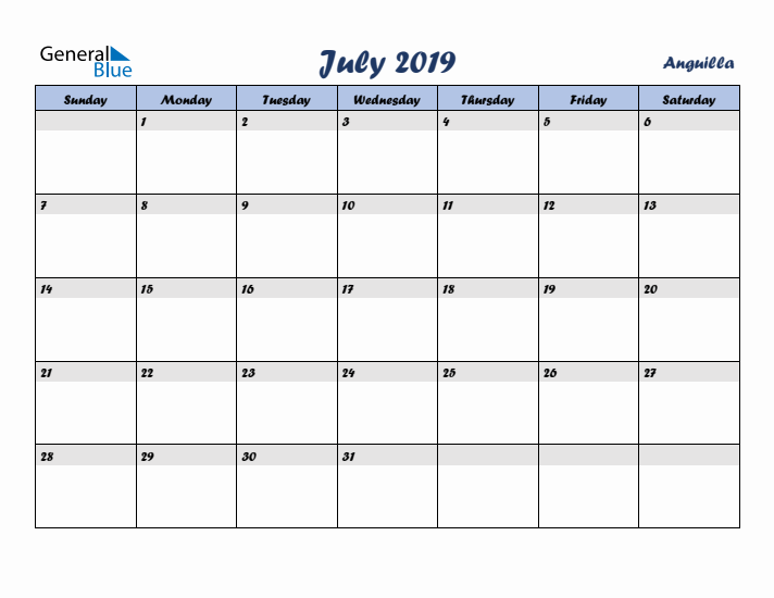 July 2019 Calendar with Holidays in Anguilla