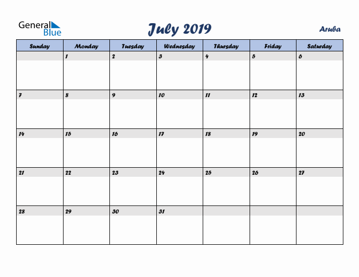 July 2019 Calendar with Holidays in Aruba