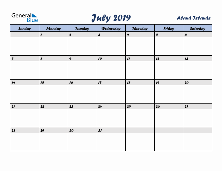 July 2019 Calendar with Holidays in Aland Islands