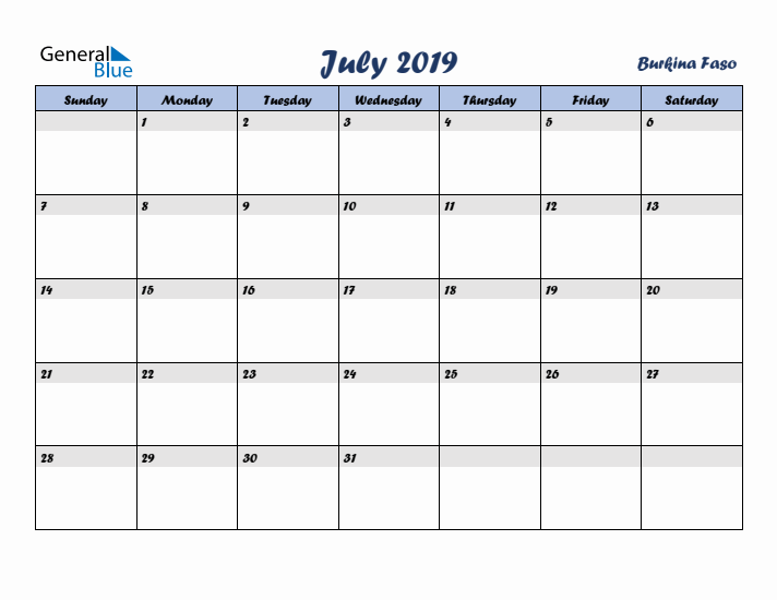 July 2019 Calendar with Holidays in Burkina Faso