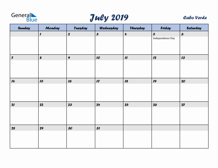 July 2019 Calendar with Holidays in Cabo Verde