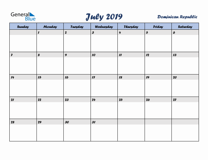 July 2019 Calendar with Holidays in Dominican Republic