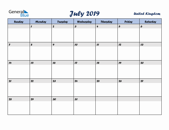 July 2019 Calendar with Holidays in United Kingdom