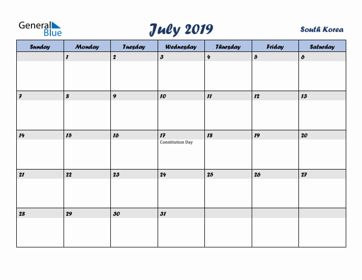 July 2019 Calendar with Holidays in South Korea