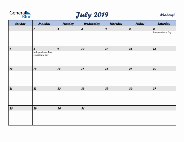 July 2019 Calendar with Holidays in Malawi